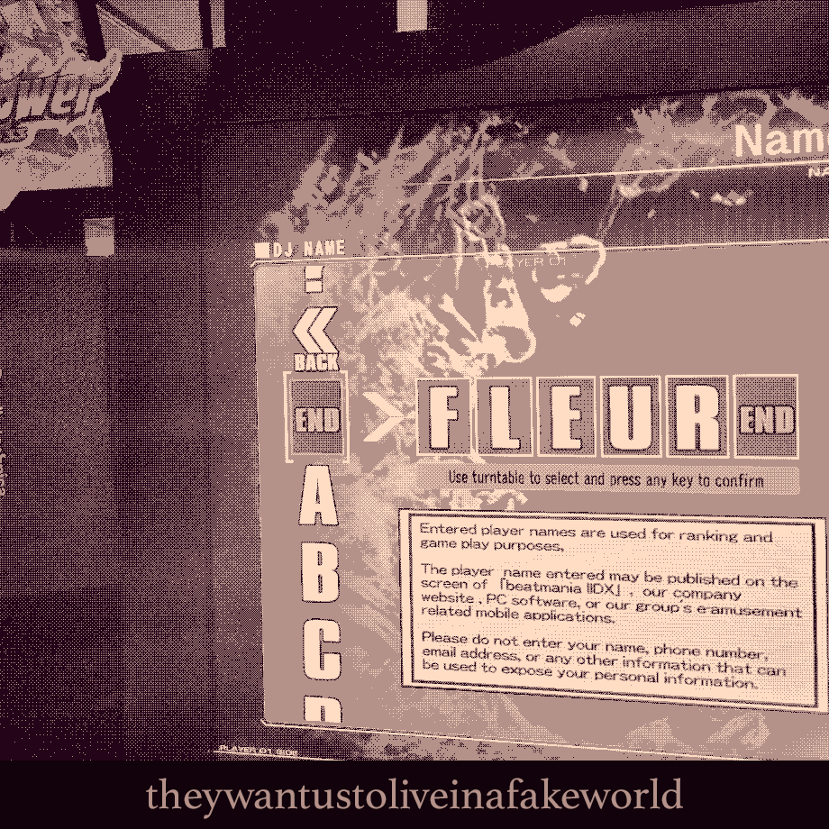 A dithered photograph of a beatmania IIDX cabinet, it reads FLEUR on the screen with a banner of the website's name on the bottom.